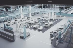 Automation automobile factory concept with 3d rendering robot assembly line with electric car battery cells module on platform photo