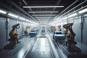 Automation automobile factory concept with 3d rendering robot assembly line with electric car battery cells module on platform photo