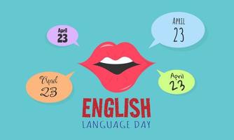 Inglés idioma día póster con labios y habla burbuja vector