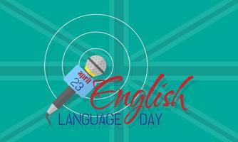 English Language Day poster with a microphone in front of the british flag vector