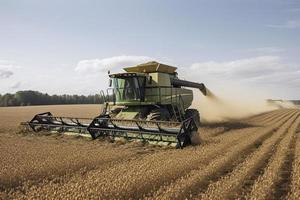 Harvesting of soybean field with combine photo