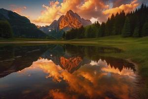 Watzmann in Alps, dramatic reflection at sunset photo