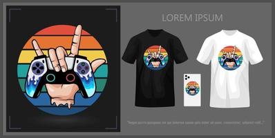 T-shirt design of hands holding game controls, complete with mock up sample. vector