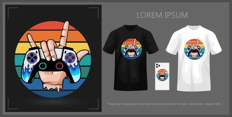 T-shirt design of hands holding game controls, complete with mock up sample.