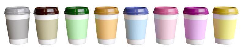 front view of various colored beverages, empty white coffee cup with various colored cup lids for Design coffee brands, tea brands, beverages or create coffee menus. png