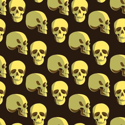 A pattern of skulls from different angles. Background with portraits, human skulls on a brown background. Background for printing for the holiday of the Day of the dead and Halloween