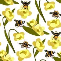 A pattern of realistic bees and bumblebees with yellow flowers on a white background. Light pattern with insects. Bee Day. Suitable for printing on textiles and paper. Gift packaging vector