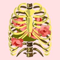 Illustration of pink flowers inside the chest, human skeleton. Flowers growing inside a person. Flowers of life, beauty inside. Vector graphics for T-shirts and other purposes