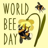 A calligraphic handwritten inscription in honor of World Bee Day with cute realistic bees and a flower. Simple vector template for banner, poster, flyers, postcards. Cute fluffy bee on a flower