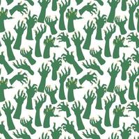 A pattern of dead man's hands, zombie hands trying to grab each other. Attacking green hands. It is well suited for Halloween-style decoration of paper and textile products. Scary hands on a white vector