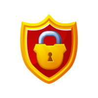 Golden shield award and padlock icon. Game icon. Block and security. png