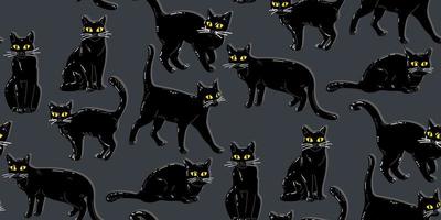 Seamless pattern featuring a Halloween black cat with yellow eyes. A flat cartoon cat in retro style is sitting, standing. An angry, dissatisfied, frowning animal. Black cats on blue. Print vector