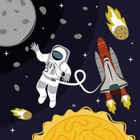 A banner with a space adventure. An astronaut in a spacesuit attached to a rocket flies against the background of the moon, sun, asteroids and stars. Adventure banner for printing holiday invitations vector