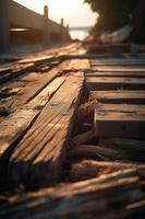 antiguo de madera muelle en el playa a puesta de sol. selectivo atención foto