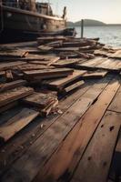 Old wooden pier on the beach at sunset. Selective focus photo