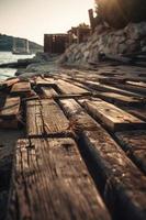 Old wooden pier on the beach at sunset. Selective focus photo