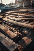 antiguo de madera muelle en el playa a puesta de sol. selectivo atención foto