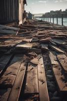 Old wooden pier on the beach at sunset. Selective focus photo