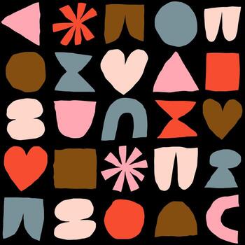 Vector pattern with different abstract shapes. Artistic texture with paper cut elements. Modern background with cutout circle, heart, square, triangle, and other abstract shapes