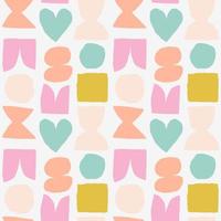Cute and simple pattern with cut out abstract shapes. Colourful seamless texture with heart, circle, square and abstract figures. Hand drawn modern background in vivid colours vector