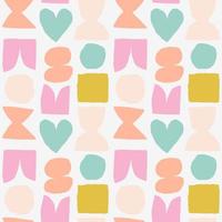 Cute and simple pattern with cut out abstract shapes. Colourful seamless texture with heart, circle, square and abstract figures. Hand drawn modern background in vivid colours vector