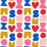 Cute and simple pattern with cut out abstract shapes. Colourful seamless texture with heart, circle, square and abstract figures. Hand drawn modern background in vivid colours vector