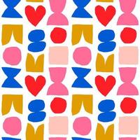 Cute and simple pattern with cut out abstract shapes. Colourful seamless texture with heart, circle, square and abstract figures. Hand drawn modern background in vivid colours vector