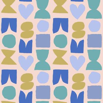 Cute and simple pattern with cut out abstract shapes. Colourful seamless texture with heart, circle, square and abstract figures. Hand drawn modern background in vivid colours vector