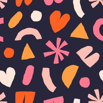 Abstract seamless texture with cutout shapes. Cute modern geometric shapes background. Vector collage pattern in retro style