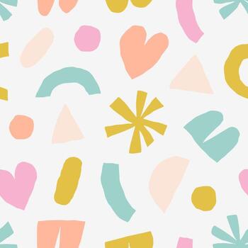 Abstract seamless texture with cutout shapes. Cute modern geometric shapes background. Vector collage pattern in retro style