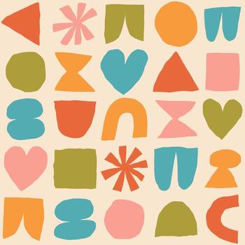Vector pattern with different abstract shapes. Artistic texture with paper cut elements. Modern background with cutout circle, heart, square, triangle, and other abstract shapes