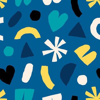 Abstract seamless texture with cutout shapes. Cute modern geometric shapes background. Vector collage pattern in retro style