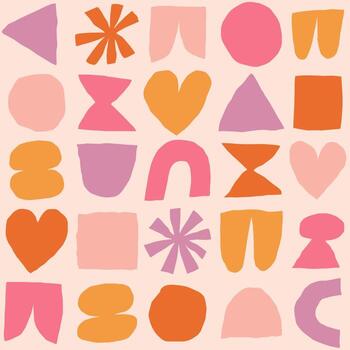 Vector pattern with different abstract shapes. Artistic texture with paper cut elements. Modern background with cutout circle, heart, square, triangle, and other abstract shapes