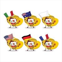 Yellow love open gift box cartoon character bring the flags of various countries vector