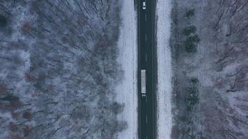 antenne visie Aan auto het rijden door winter Woud weg. toneel- winter landschap video