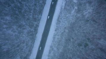 aérien vue sur voiture conduite par hiver forêt route. scénique hiver paysage video