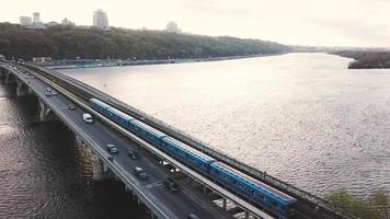 Aerial view of the metro bridge in Kiev, Ukraine. Lively traffic video