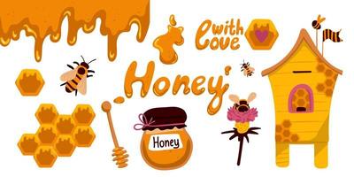 Honey and beekeeping design elements set. Collection of bee, beehive, jar, spoon, honeycomb. Vector illustration isolated objects in flat cartoon style.