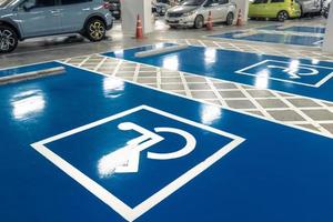 coche estacionamiento lote reservado para minusválido conductor en supermercado o compras centro comercial. coche estacionamiento espacio para discapacitado gente. silla de ruedas firmar pintar en estacionamiento área. azul y blanco minusválido estacionamiento lote. foto