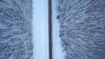 Aerial view on car driving through winter forest road. Scenic winter landscape video