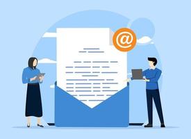 Send and receive email messages. People use electronic mail through computers. Character with laptop receiving email. New incoming sms, chat on social networks, spam. Email marketing campaign vector