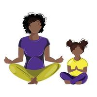 African American Mother and daughter doing yoga together in lotus position.Young woman meditating with her child vector illustration isolated on white background.Kids yoga. family yoga.