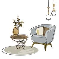 Living room interior in modern style sketch drawing vector liner illustration.Line art fragment of fashionable interior with armchair,informal table and vase with flowers and modern lamps.