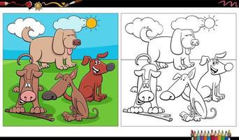 comic dogs characters group in the meadow coloring page vector