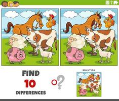 differences game with cartoon farm animal characters vector