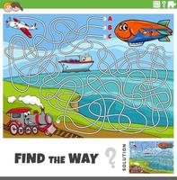 find the way maze game with cartoon vehicle characters vector