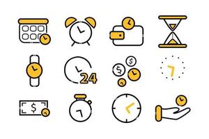 Time management icons set. Elements in the set calendar, alarm clock, hourglass, wristwatch, clock, time is money, timer, time in hand. vector