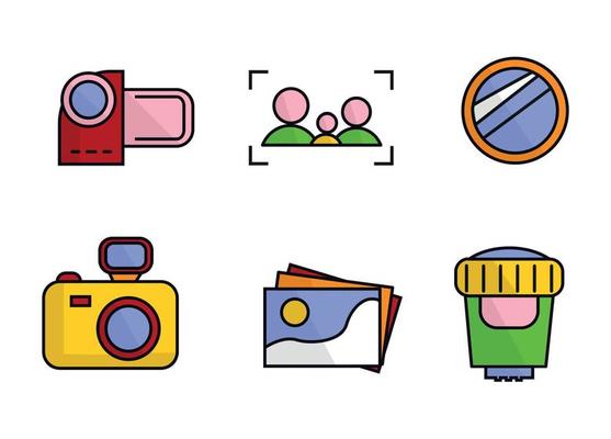 Photography icons. Set of color icons for the photographer. Icons camera, camcorder, lens, lens, photograph, focus with silhouettes