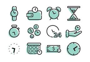 Time management icons set. Elements in the set calendar, alarm clock, hourglass, wristwatch, clock, time is money, timer, time in hand. vector