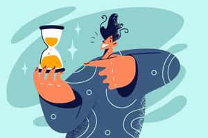 Smiling man holding sandglass point at time passing. Happy guy with hourglass recommend time management and good organization. Vector illustration.